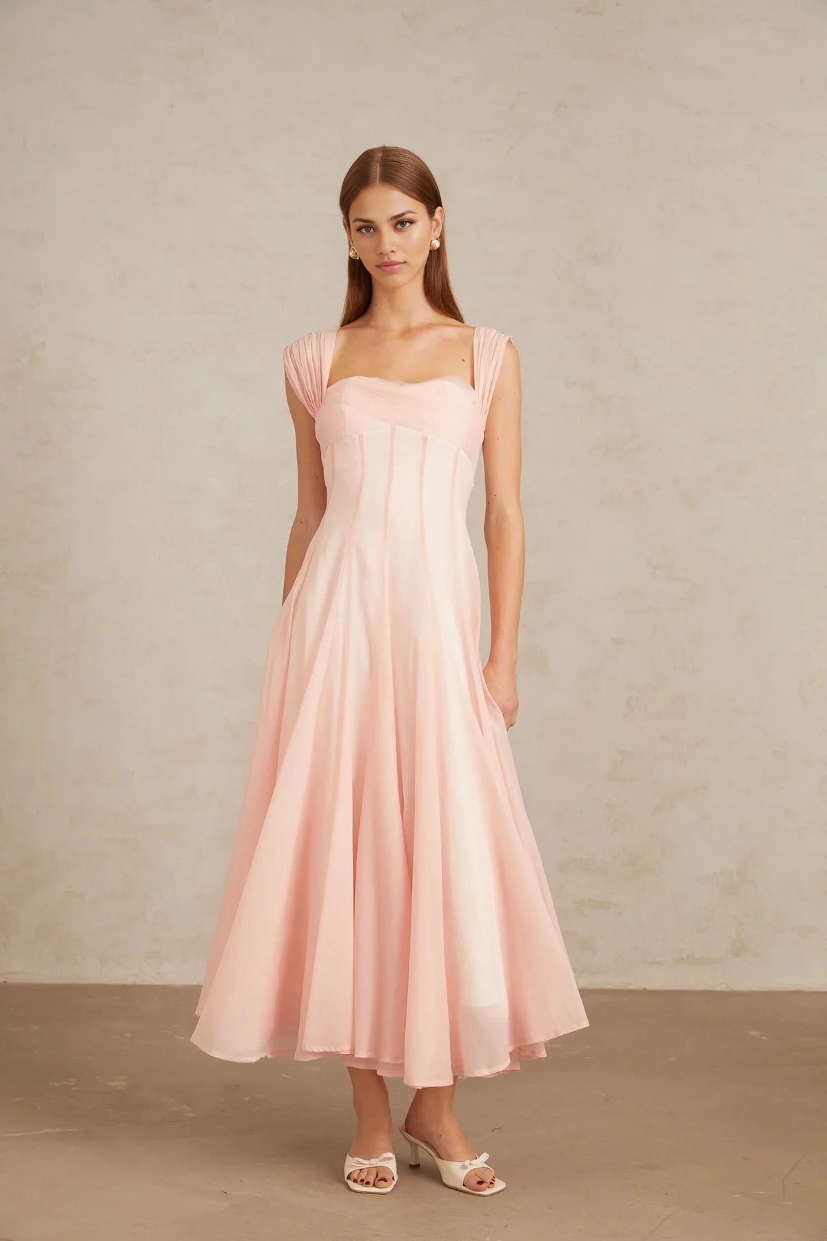 Pink Pleated Strap Sweetheart Neck Midi Dress Pink Flounced Midi Dress Evening Dress by YiHuiw