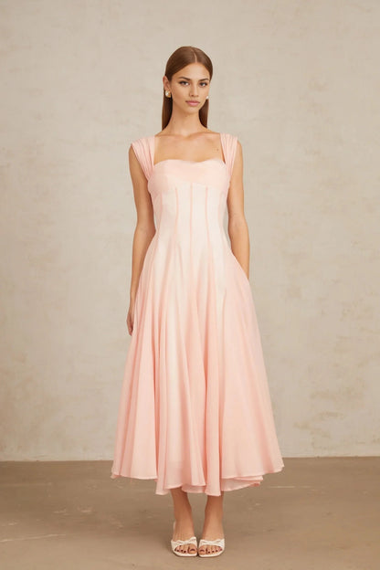 Pink Pleated Strap Sweetheart Neck Midi Dress Pink Flounced Midi Dress Evening Dress by YiHuiw