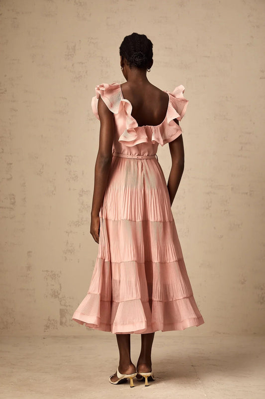 Pink Ruffled Tiered Midi Dress Valentina coral-pink pleated frilled midi dress Evening Dress by YiHuiw