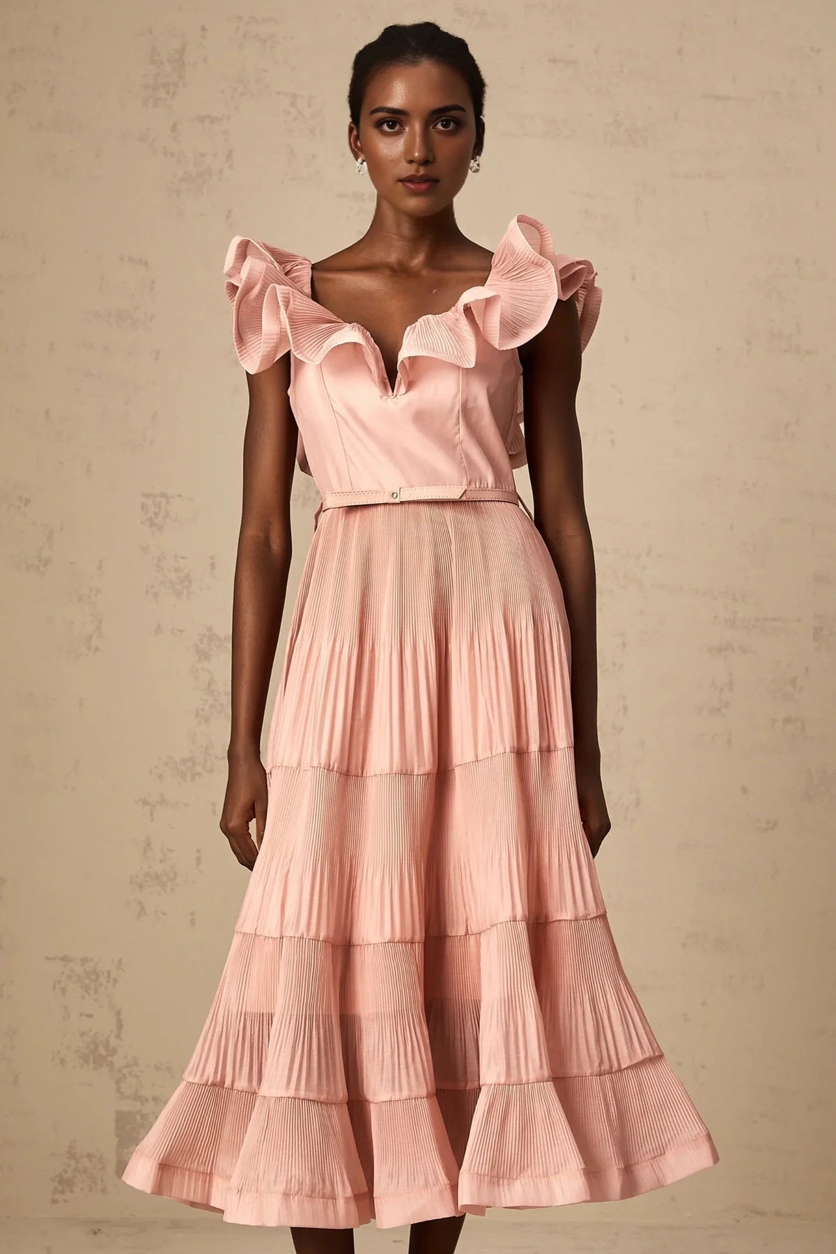 Pink Ruffled Tiered Midi Dress Valentina coral-pink pleated frilled midi dress Evening Dress by YiHuiw