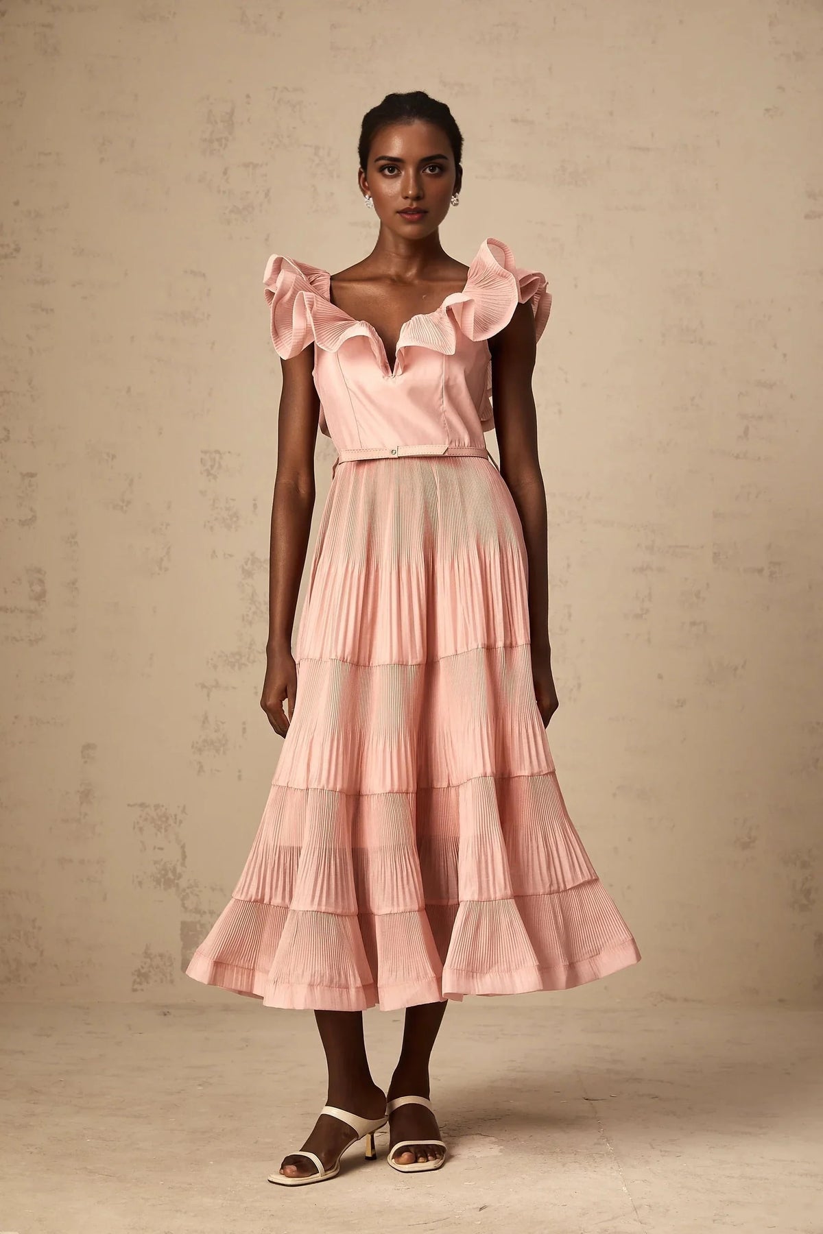 Pink Ruffled Tiered Midi Dress Valentina coral-pink pleated frilled midi dress Evening Dress by YiHuiw