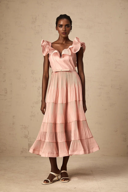 Pink Ruffled Tiered Midi Dress Valentina coral-pink pleated frilled midi dress Evening Dress by YiHuiw