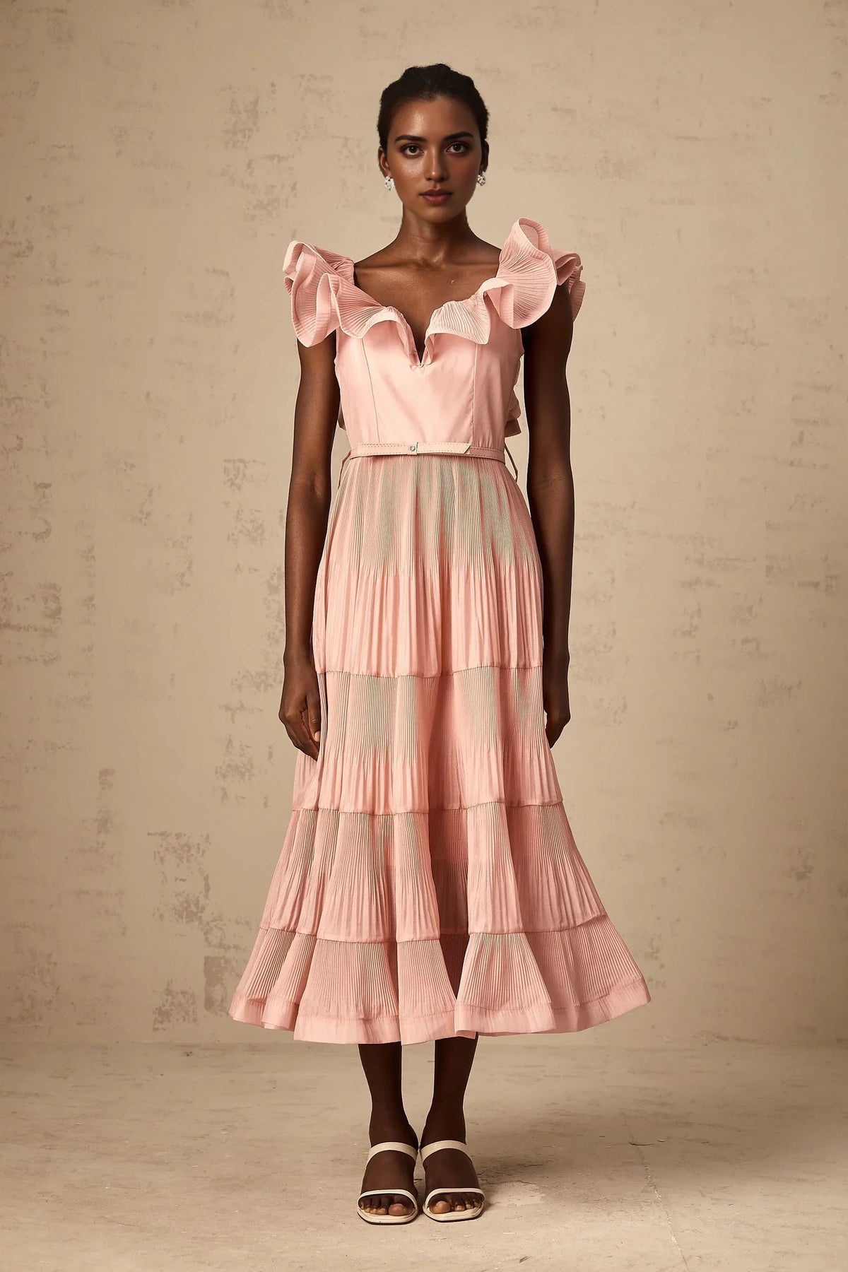 Pink Ruffled Tiered Midi Dress Valentina coral-pink pleated frilled midi dress Evening Dress by YiHuiw