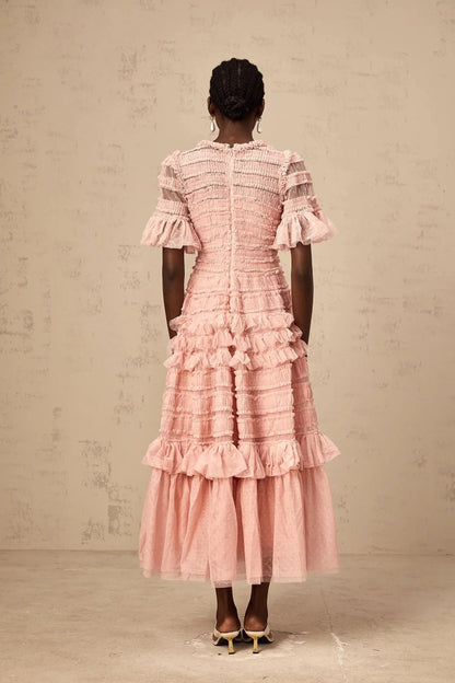 Pink Ruffled Tiered Tulle Midi Dress pink dot-detail ruffled tulle midi dress Evening Dress by YiHuiw