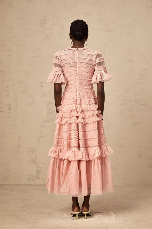 Pink Ruffled Tiered Tulle Midi Dress pink dot-detail ruffled tulle midi dress Evening Dress by YiHuiw
