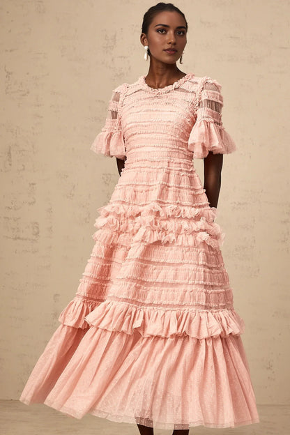 Pink Ruffled Tiered Tulle Midi Dress pink dot-detail ruffled tulle midi dress Evening Dress by YiHuiw