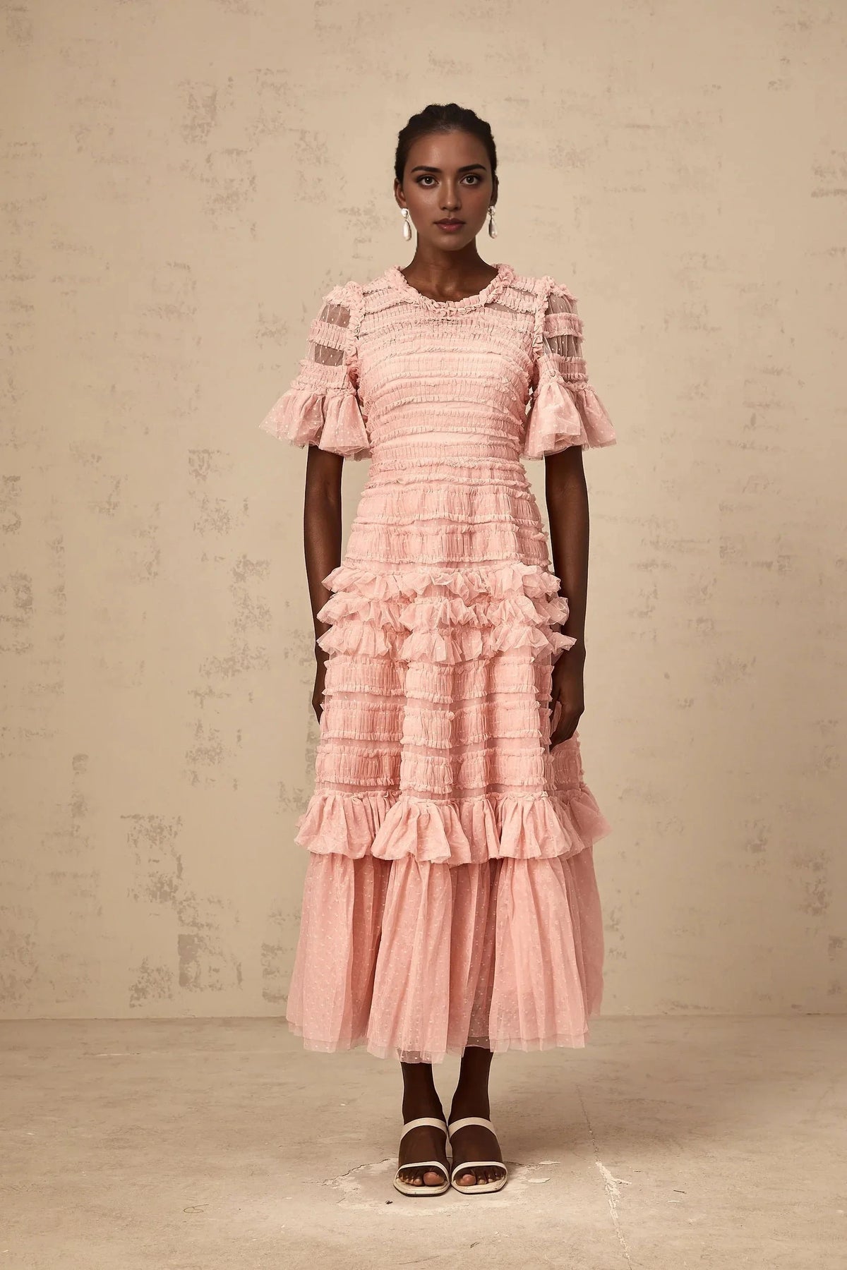 Pink Ruffled Tiered Tulle Midi Dress pink dot-detail ruffled tulle midi dress Evening Dress by YiHuiw