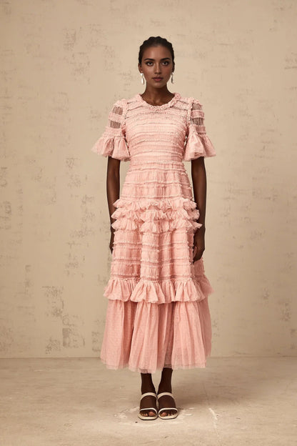 Pink Ruffled Tiered Tulle Midi Dress pink dot-detail ruffled tulle midi dress Evening Dress by YiHuiw