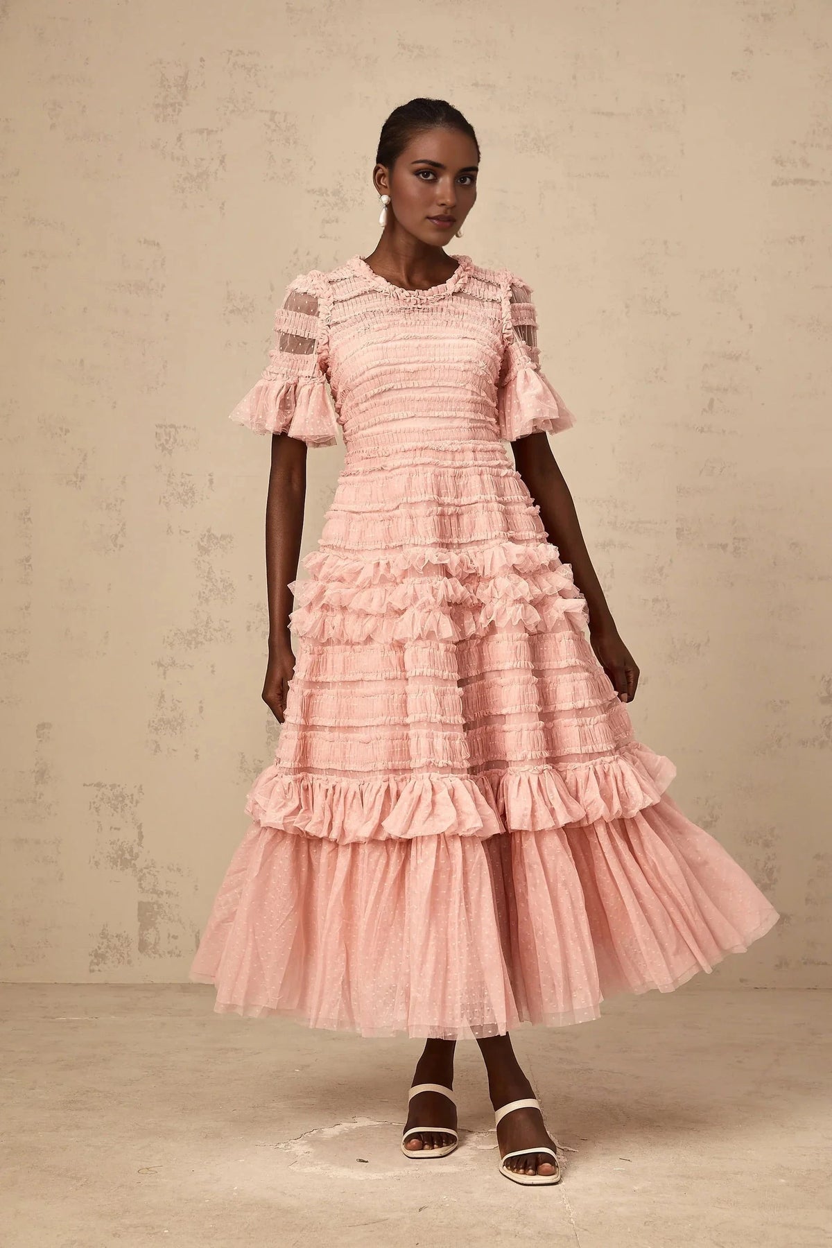 Pink Ruffled Tiered Tulle Midi Dress pink dot-detail ruffled tulle midi dress Evening Dress by YiHuiw