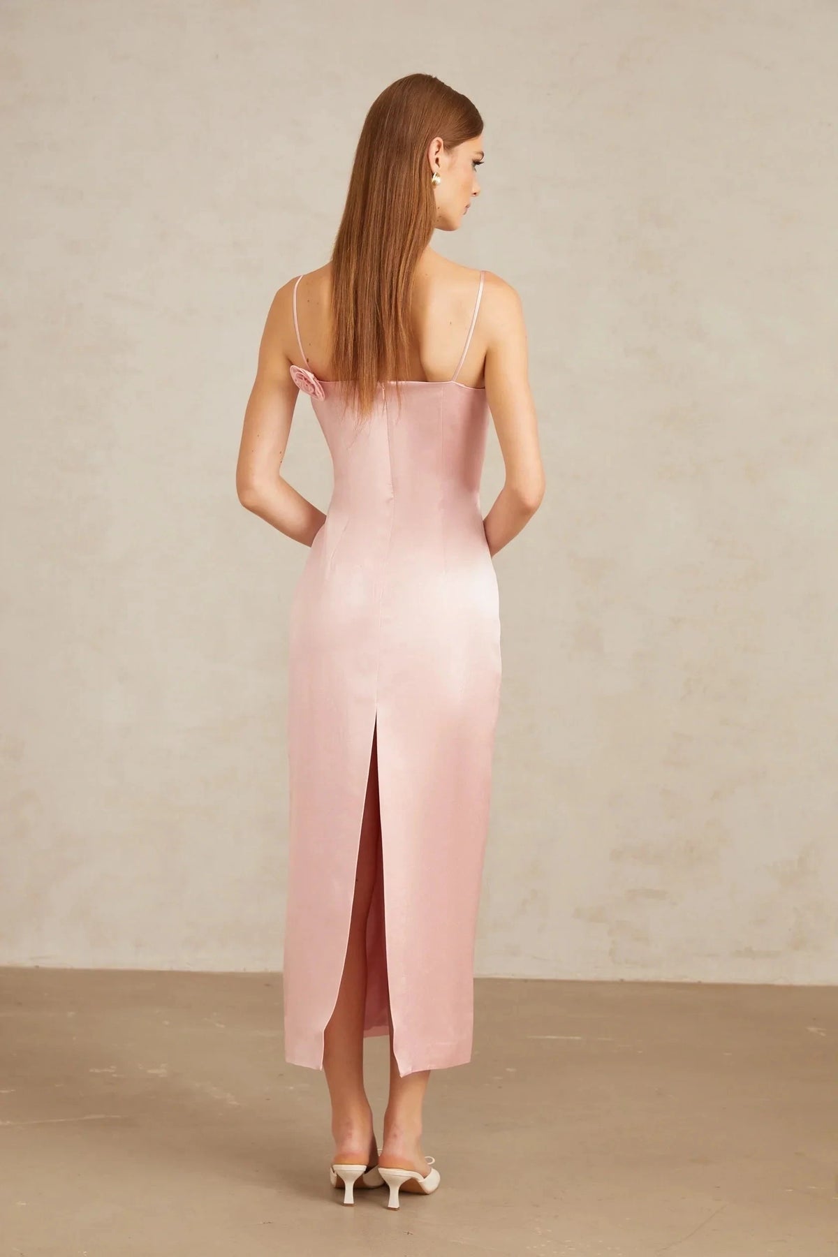 Pink Satin Spaghetti Strap Midi Dress with Floral Accent Ida Pink Floral Satin Midi Dress Evening Dress by YiHuiw