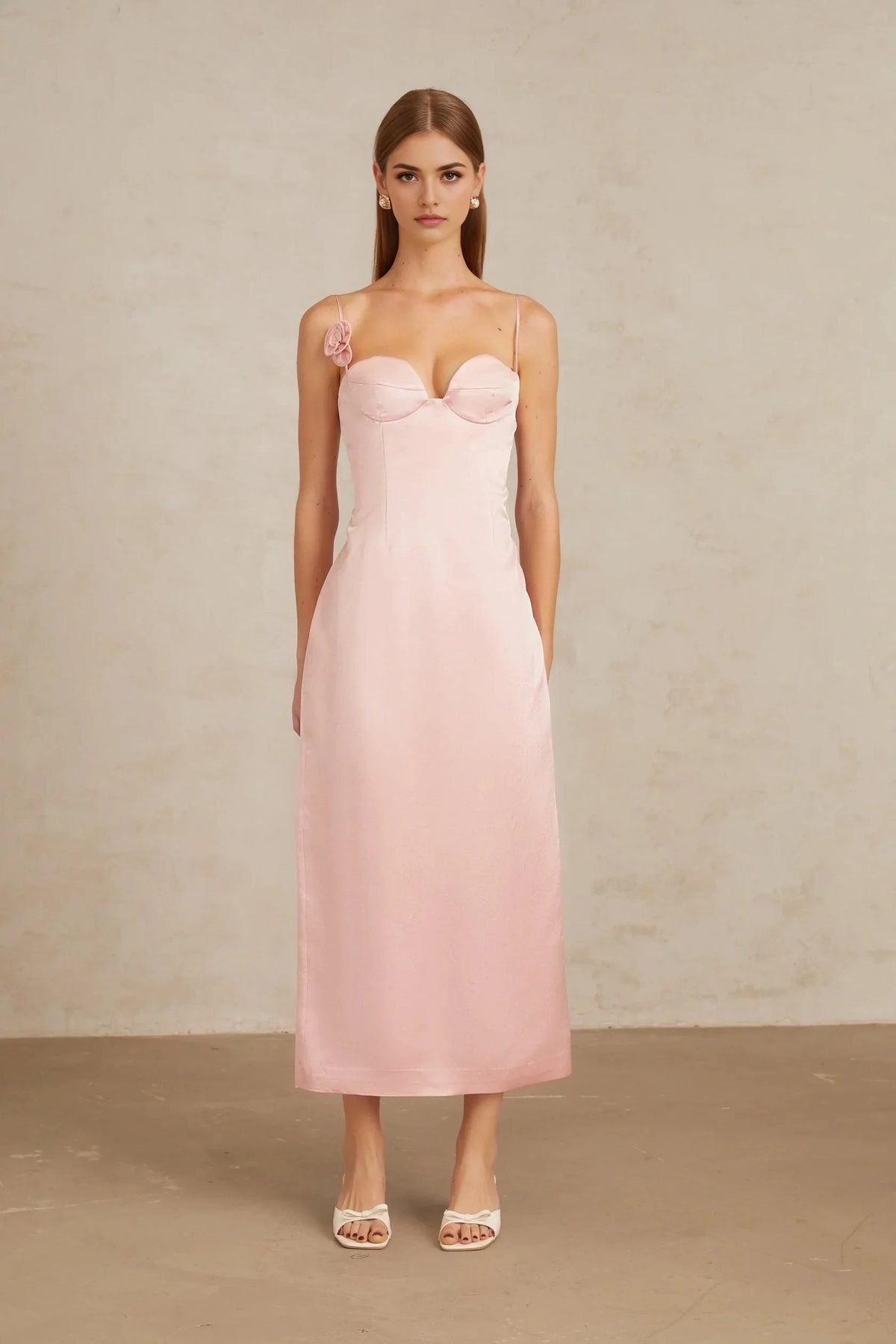 Pink Satin Spaghetti Strap Midi Dress with Floral Accent Ida Pink Floral Satin Midi Dress Evening Dress by YiHuiw