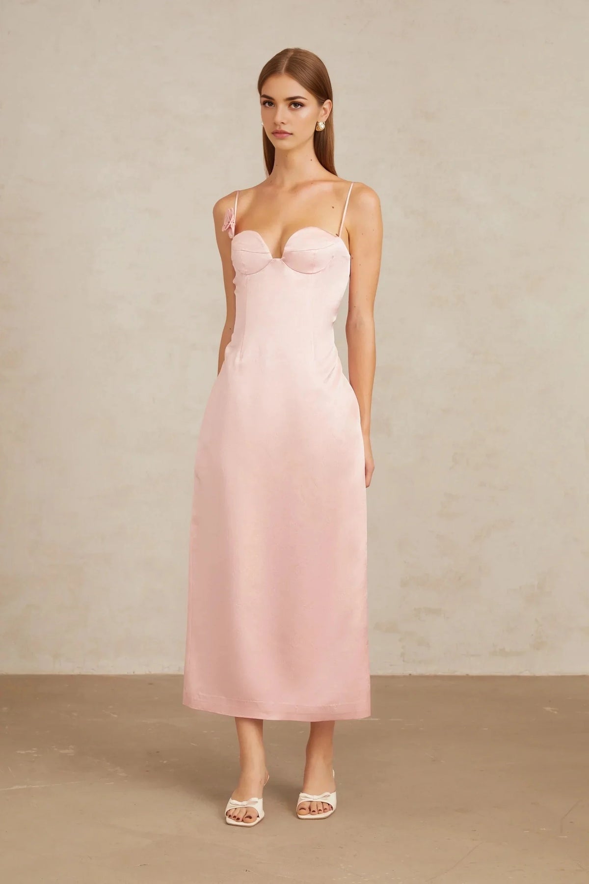 Pink Satin Spaghetti Strap Midi Dress with Floral Accent Ida Pink Floral Satin Midi Dress Evening Dress by YiHuiw