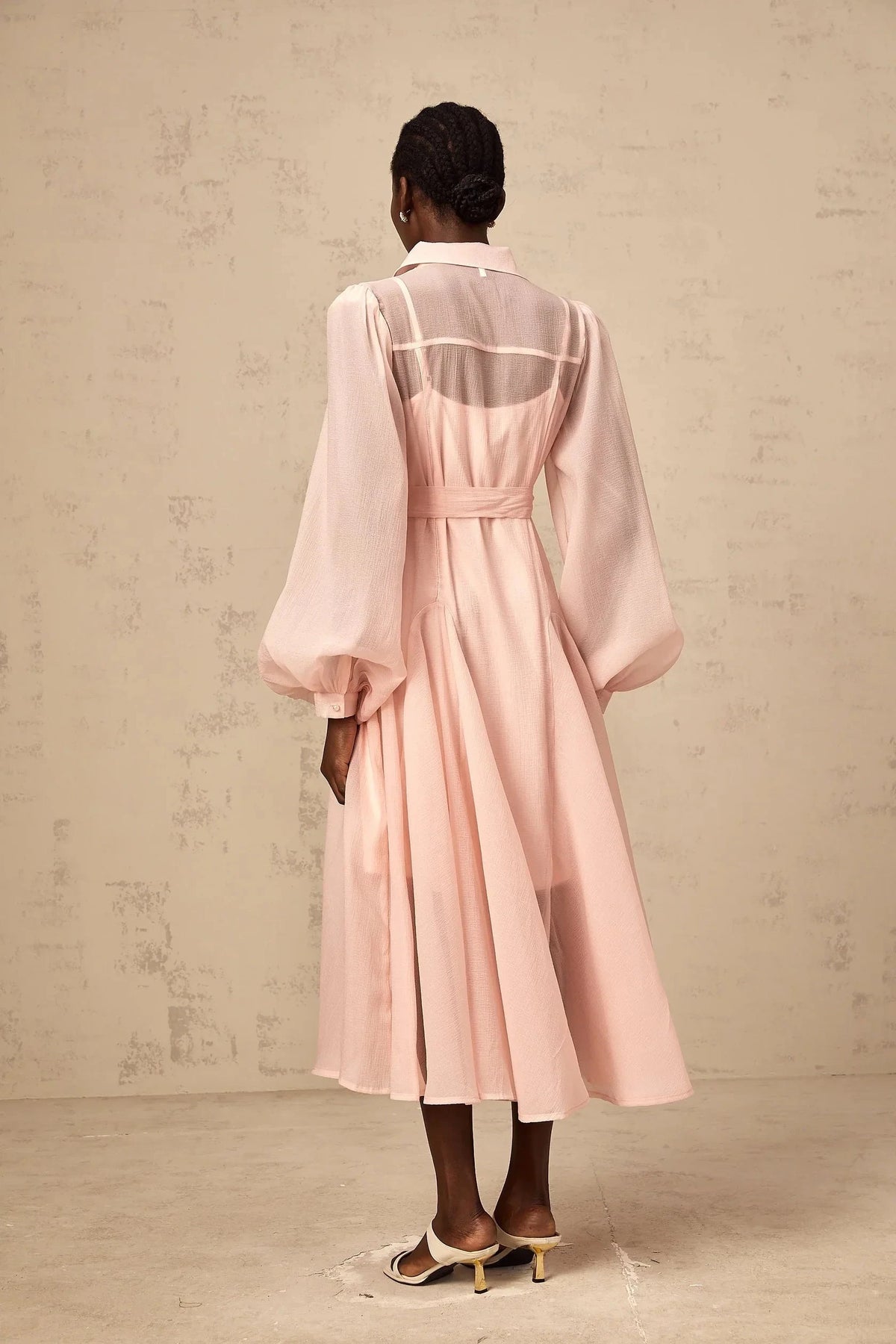 Pink Sheer Puff Sleeve Shirt Midi Dress pink tied-waist midi shirt dress Evening Dress by YiHuiw