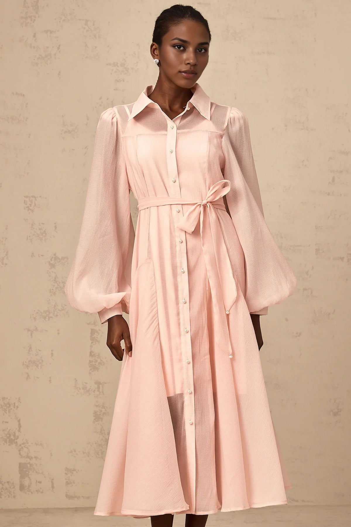 Pink Sheer Puff Sleeve Shirt Midi Dress pink tied-waist midi shirt dress Evening Dress by YiHuiw
