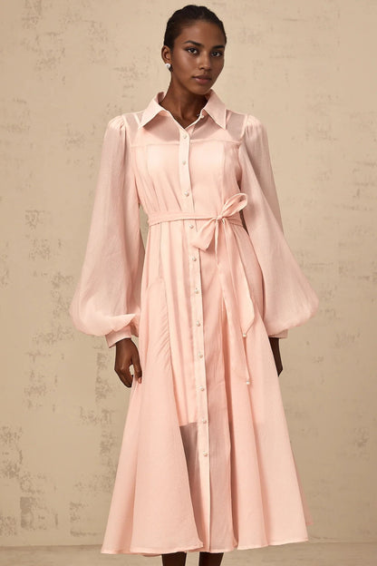 Pink Sheer Puff Sleeve Shirt Midi Dress pink tied-waist midi shirt dress Evening Dress by YiHuiw