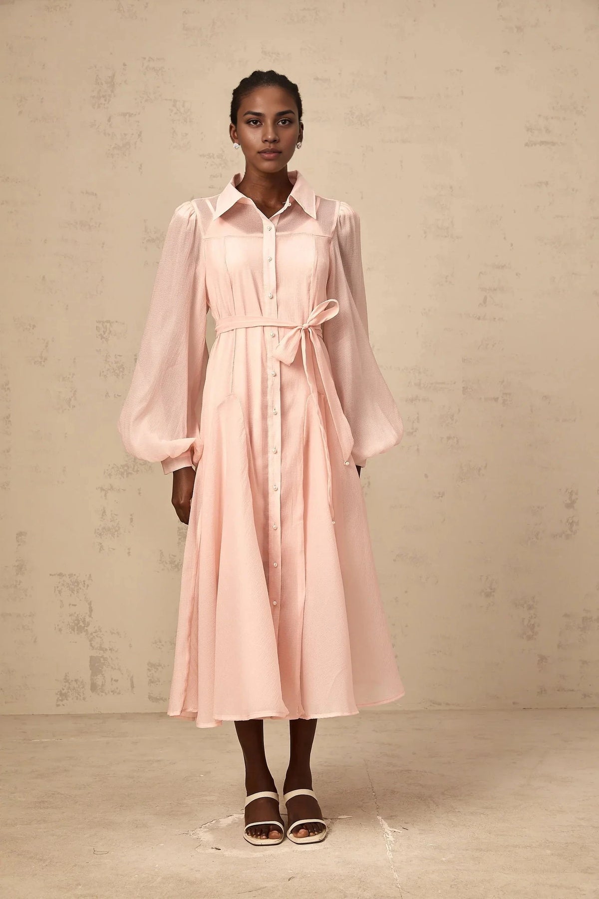 Pink Sheer Puff Sleeve Shirt Midi Dress pink tied-waist midi shirt dress Evening Dress by YiHuiw