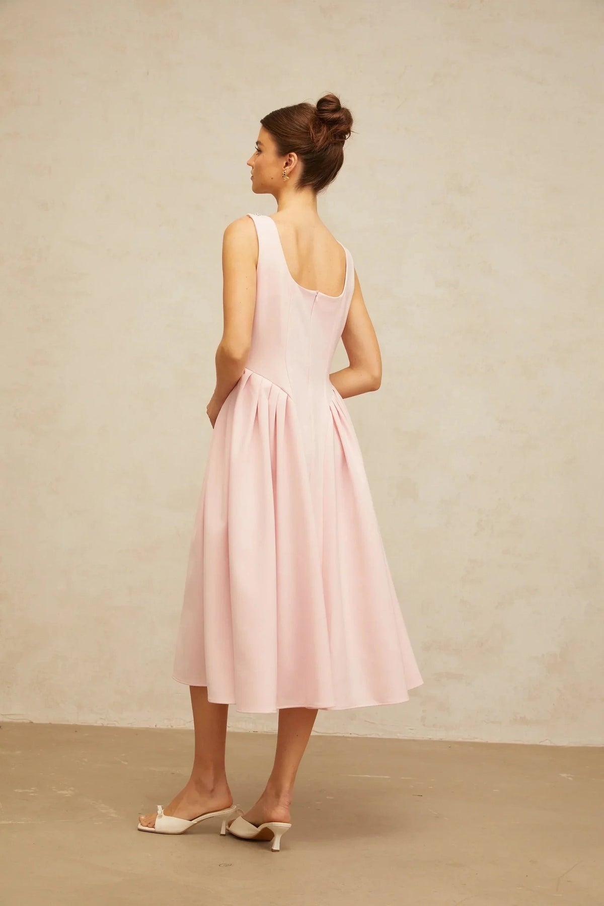 Pink Sleeveless Midi Dress with Crystal Embellished Neckline pink crystal pleated midi dress Evening Dress by YiHuiw