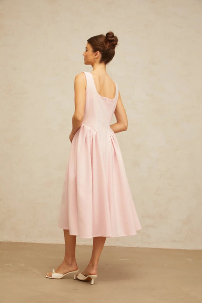 Pink Sleeveless Midi Dress with Crystal Embellished Neckline pink crystal pleated midi dress Evening Dress by YiHuiw