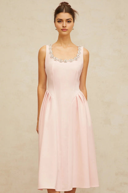 Pink Sleeveless Midi Dress with Crystal Embellished Neckline pink crystal pleated midi dress Evening Dress by YiHuiw