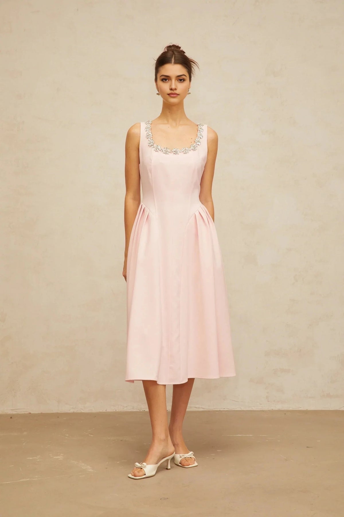 Pink Sleeveless Midi Dress with Crystal Embellished Neckline pink crystal pleated midi dress Evening Dress by YiHuiw