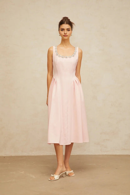 Pink Sleeveless Midi Dress with Crystal Embellished Neckline pink crystal pleated midi dress Evening Dress by YiHuiw