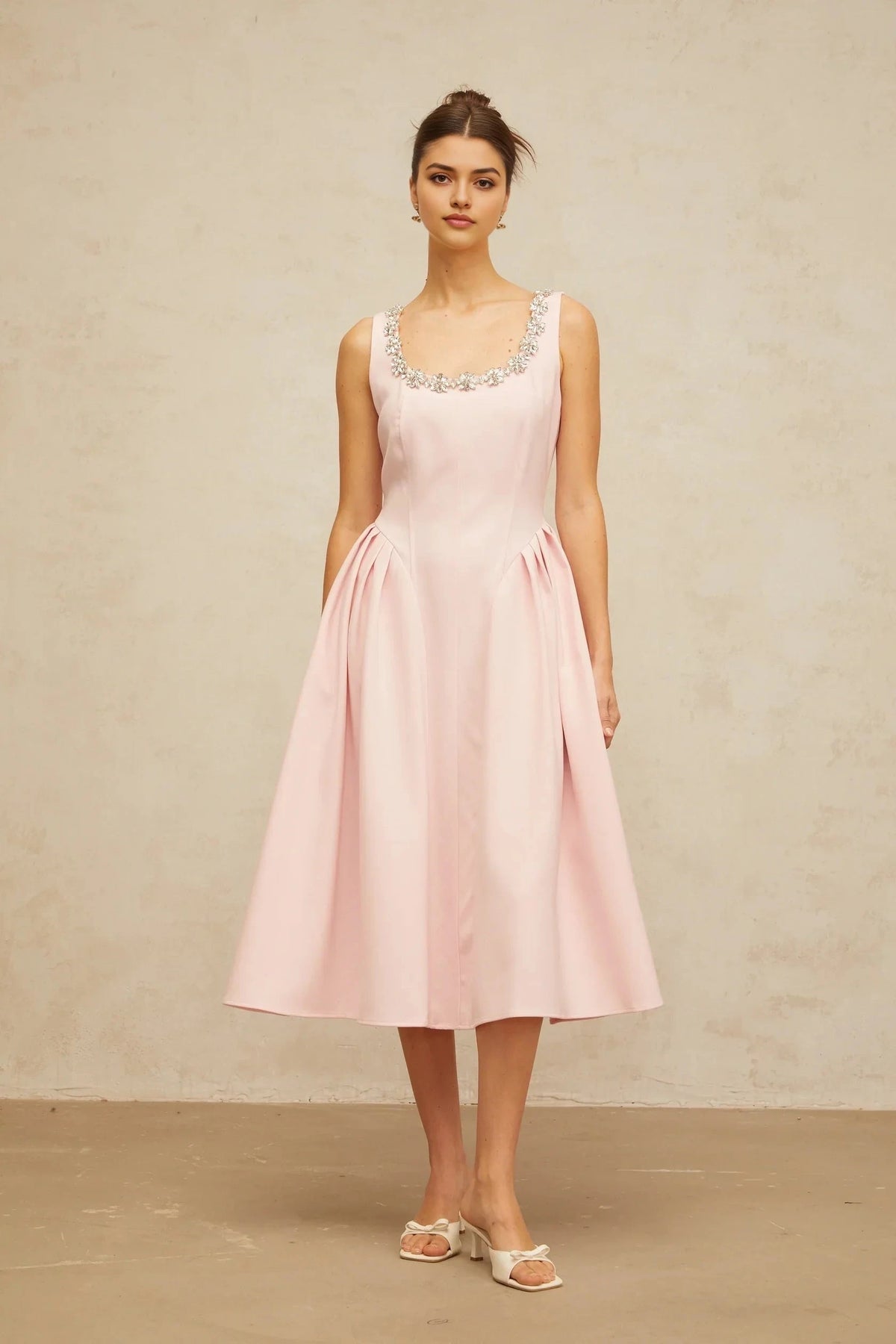 Pink Sleeveless Midi Dress with Crystal Embellished Neckline pink crystal pleated midi dress Evening Dress by YiHuiw