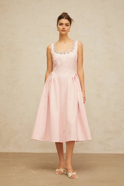 Pink Sleeveless Midi Dress with Crystal Embellished Neckline pink crystal pleated midi dress Evening Dress by YiHuiw