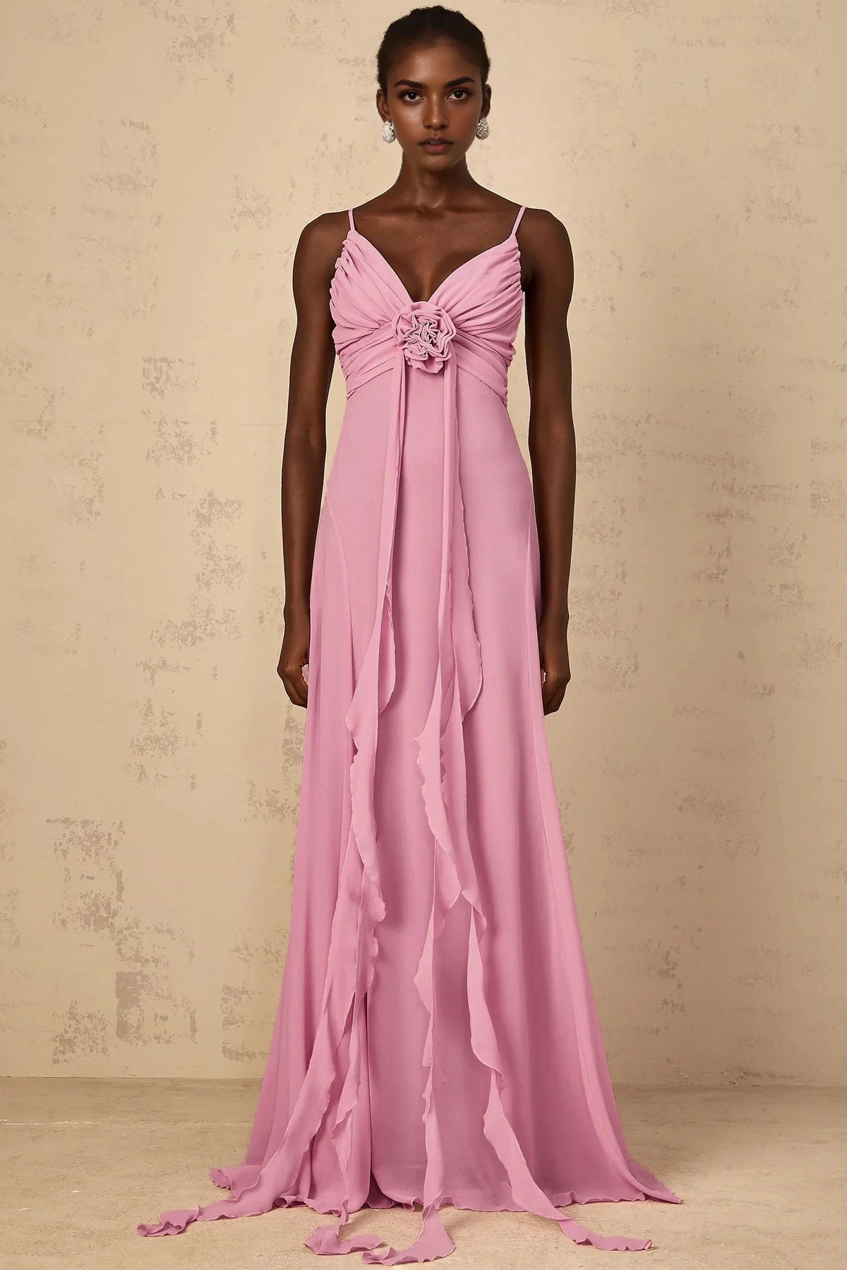 Pink Spaghetti Strap Maxi Dress with Floral Detail Rose-Pink 3D Petal Tulle Maxi Dress Evening Dress by YiHuiw