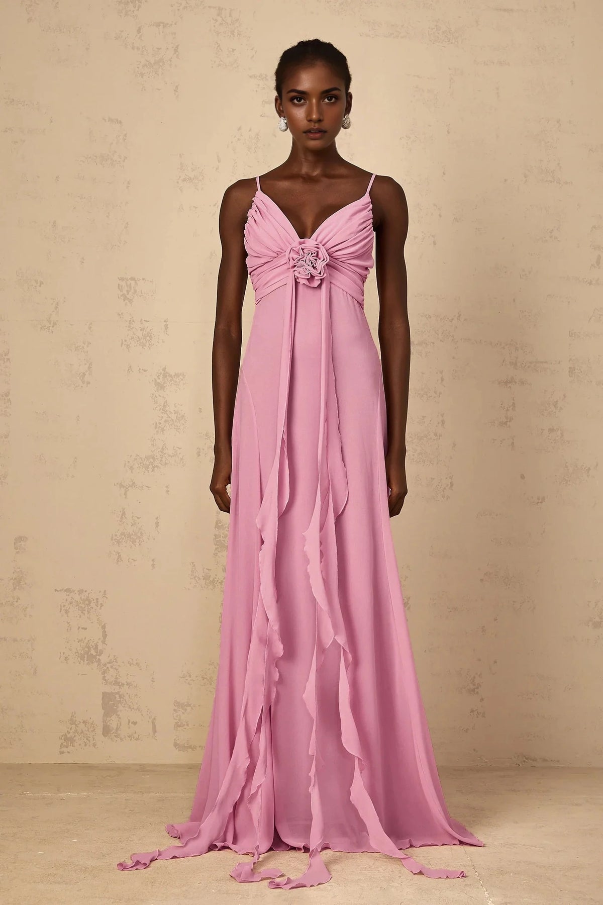 Pink Spaghetti Strap Maxi Dress with Floral Detail Rose-Pink 3D Petal Tulle Maxi Dress Evening Dress by YiHuiw