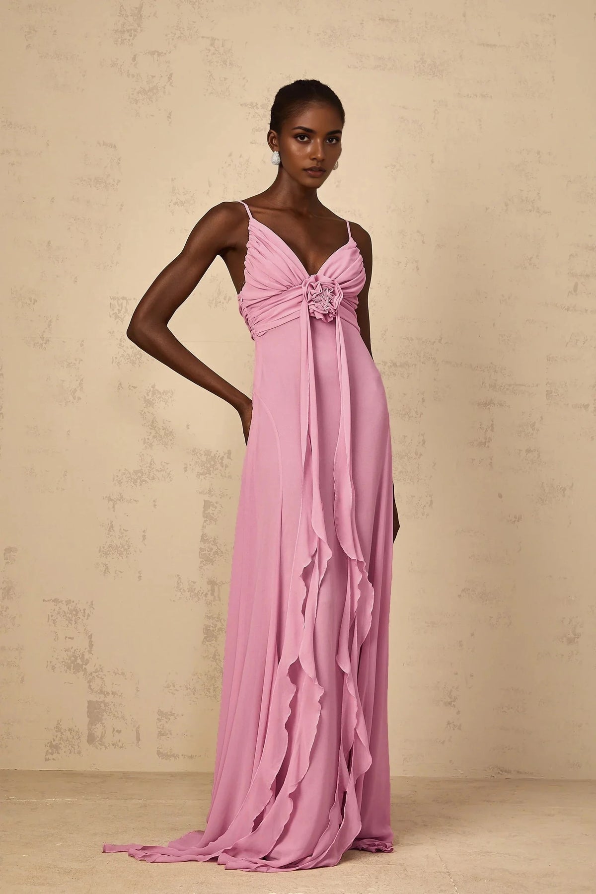 Pink Spaghetti Strap Maxi Dress with Floral Detail Rose-Pink 3D Petal Tulle Maxi Dress Evening Dress by YiHuiw