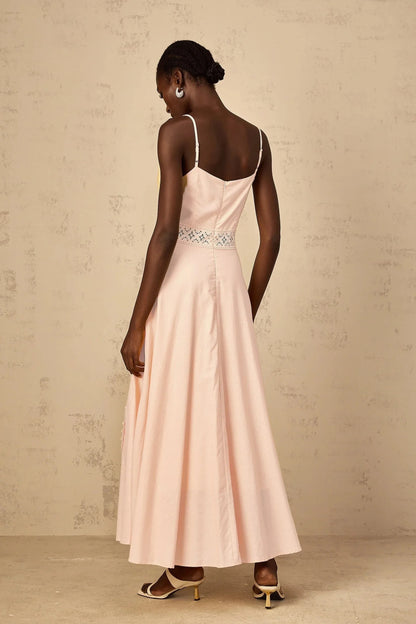 Pink Spaghetti Strap Maxi Dress with Lace Appliqués Romy Pink Floral Embroidered Blouse & Dress Set Evening Dress by YiHuiw