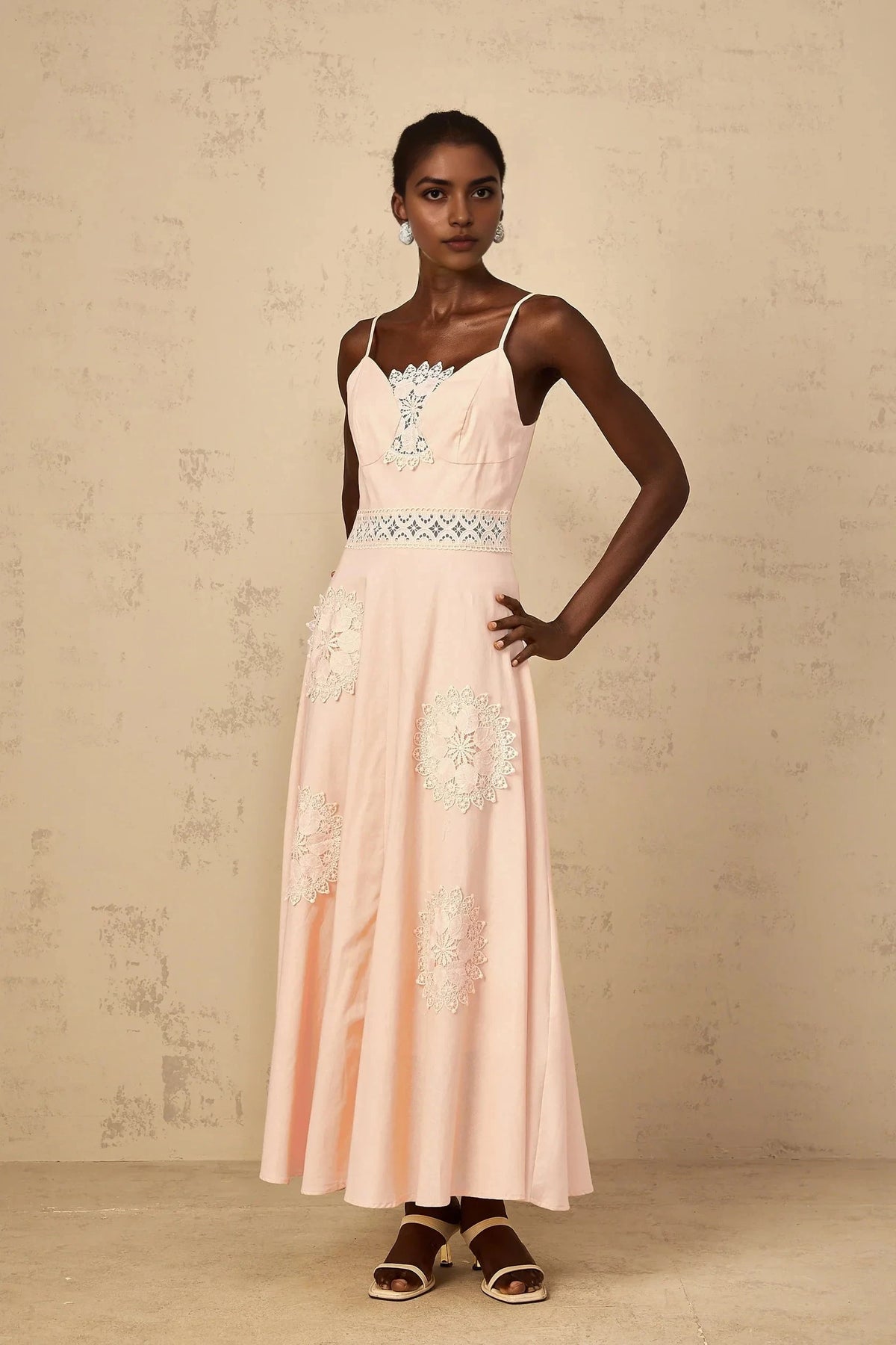 Pink Spaghetti Strap Maxi Dress with Lace Appliqués Romy Pink Floral Embroidered Blouse & Dress Set Evening Dress by YiHuiw