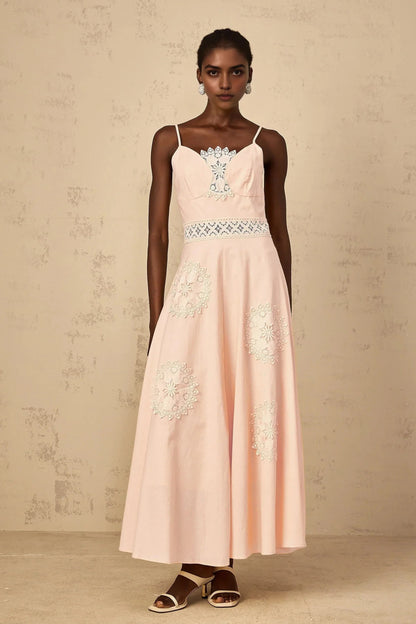 Pink Spaghetti Strap Maxi Dress with Lace Appliqués Romy Pink Floral Embroidered Blouse & Dress Set Evening Dress by YiHuiw