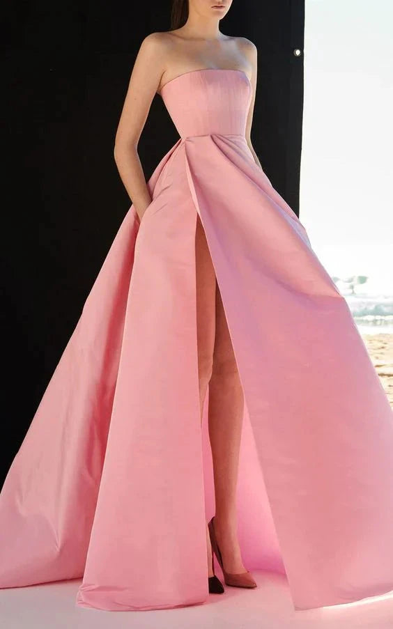 Pink Strapless Ball Gown with High Slit and Pockets pink long prom dress Party Dresses by YiHuiw