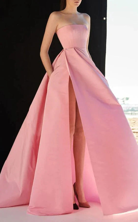 Pink Strapless Ball Gown with High Slit and Pockets pink long prom dress Party Dresses by YiHuiw