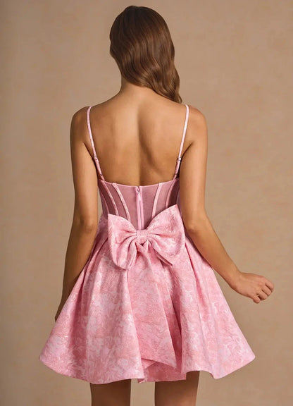 Pink Strapless Mini Dress with Bow Detail Imogen Pink Multi Mini Dress Homecoming Dresses by YiHuiw