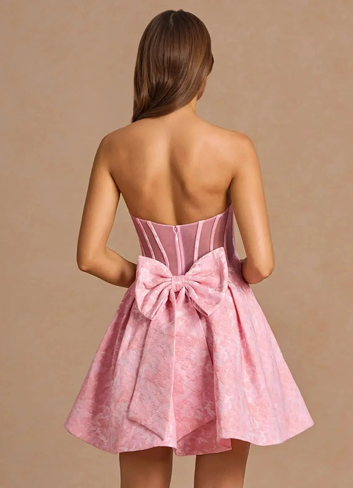 Pink Strapless Mini Dress with Bow Detail Imogen Pink Multi Mini Dress Homecoming Dresses by YiHuiw