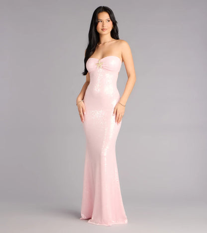 Pink Mermaid Strapless Sequin Floor-Length Wedding Dress - Yihuiw by Yihuiw