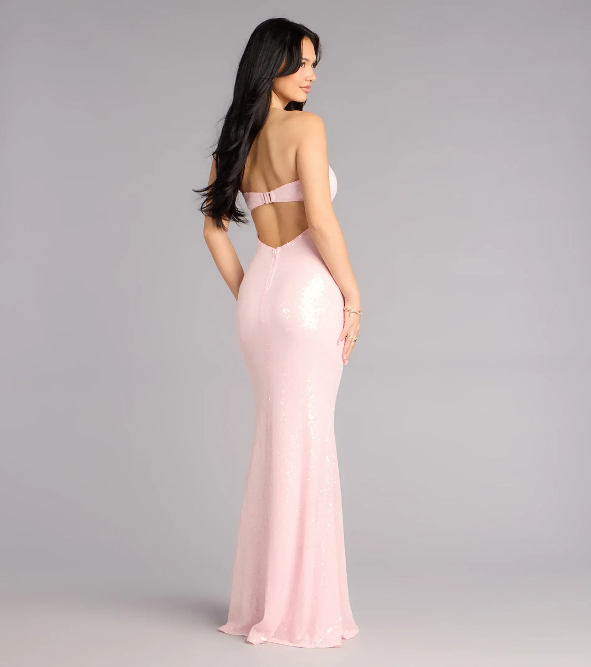 Pink Mermaid Strapless Sequin Floor-Length Wedding Dress - Yihuiw by Yihuiw