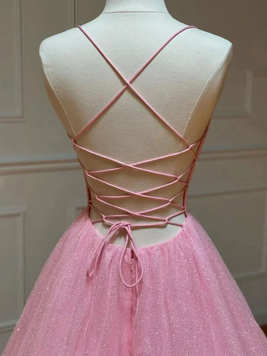 Pink A-line v neck tulle long prom dress, pink evening dress simple gentle atmospheric and unique desi Bring summer colors to enhance whitenes by YiHuiw
