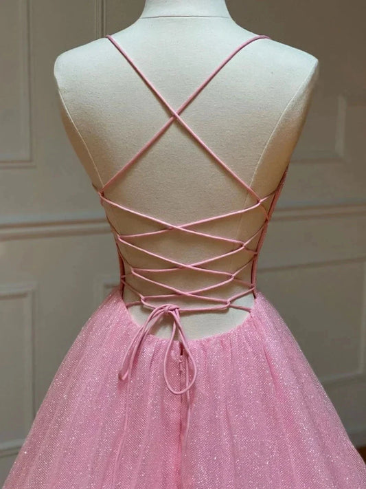 Pink A-line v neck tulle long prom dress, pink evening dress simple gentle atmospheric and unique desi Bring summer colors to enhance whitenes by YiHuiw