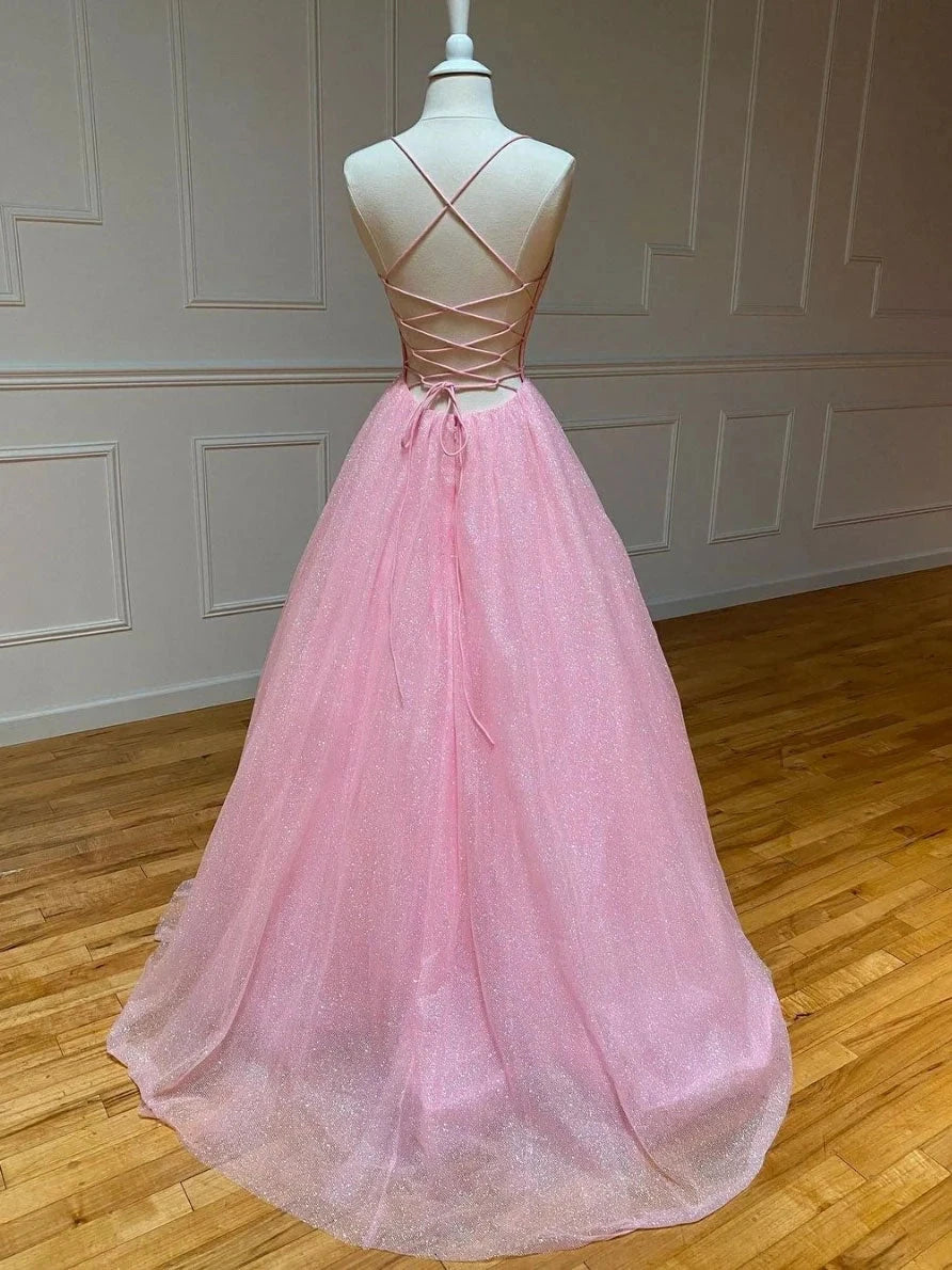 Pink A-line v neck tulle long prom dress, pink evening dress simple gentle atmospheric and unique desi Bring summer colors to enhance whitenes by YiHuiw