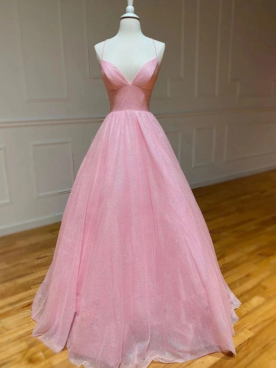 Pink A-line v neck tulle long prom dress, pink evening dress simple gentle atmospheric and unique desi Bring summer colors to enhance whitenes by YiHuiw