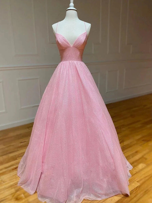 Pink A-line v neck tulle long prom dress, pink evening dress simple gentle atmospheric and unique desi Bring summer colors to enhance whitenes by YiHuiw