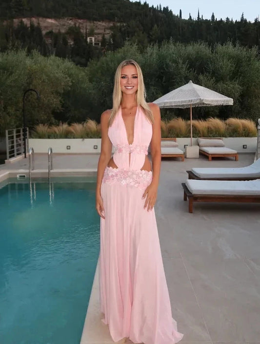Pink A Line V Neck Floral Chiffon Open Back Floor-Length Evening Dress by YiHuiw