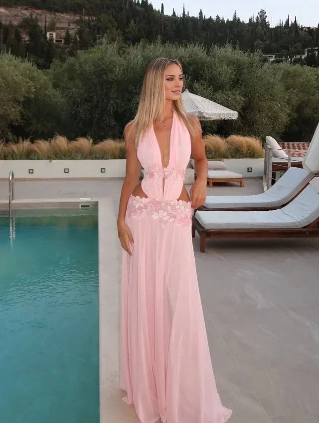 Pink A Line V Neck Floral Chiffon Open Back Floor-Length Evening Dress by YiHuiw