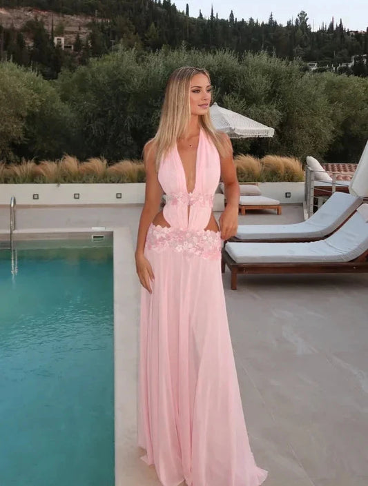 Pink A Line V Neck Floral Chiffon Open Back Floor-Length Evening Dress by YiHuiw
