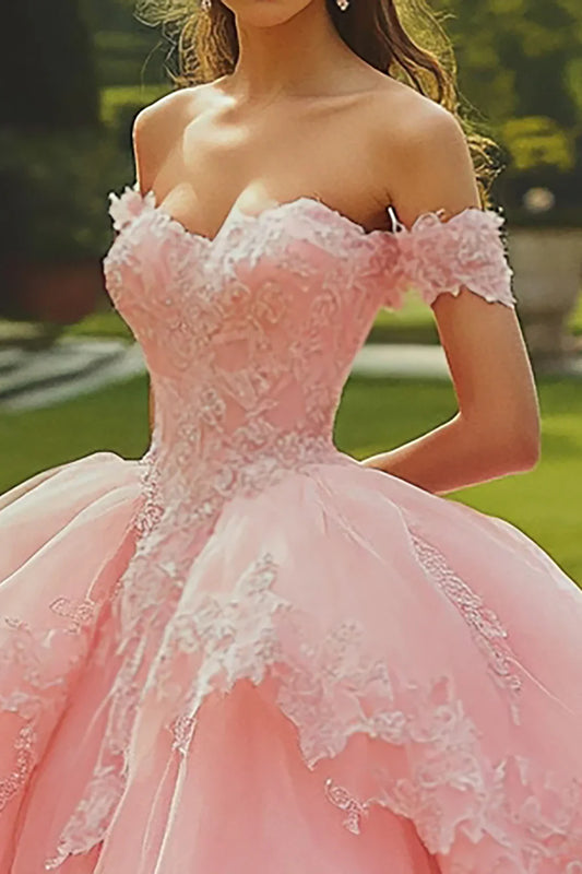 Blush Pink Off-the-Shoulder Ball Gown Prom Dress with Floral Appliques and Tulle Skirt