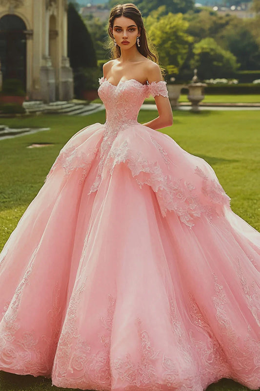 Blush Pink Off-the-Shoulder Ball Gown Prom Dress with Floral Appliques and Tulle Skirt