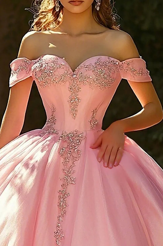 Blush Pink Off-the-Shoulder Ball Gown Prom Dress with Lace Appliques and Princess Tulle Skirt